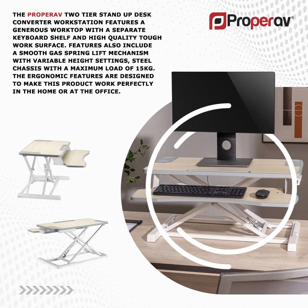 ProperAV Two Tier Stand Up Desk Converter Worktop with Gas Spring Lift & Variable Height Settings - White - TOYFACTORY