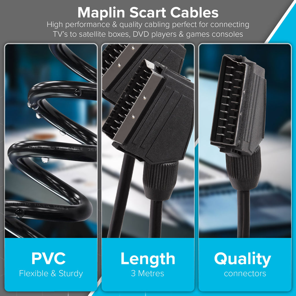 Maplin SCART to SCART 21 Pin Male to Male Connectors Cable - Black, 3m - TOYFACTORY