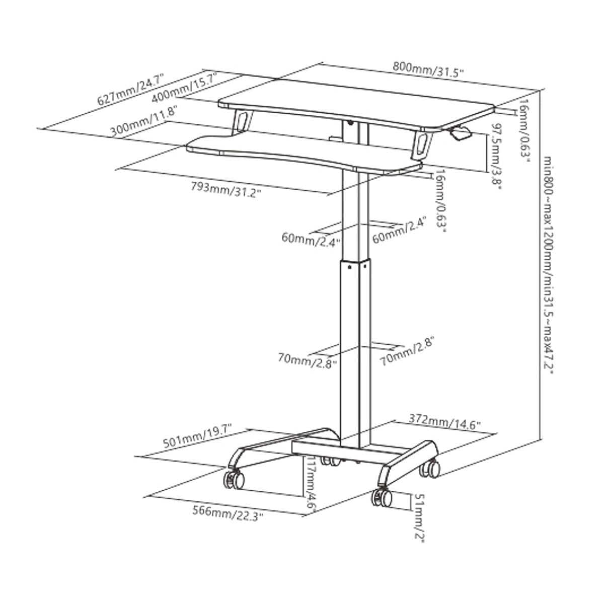 ProperAV Two Tier Mobile Desk Trolley Workstation with Gas Spring Height Adjustment - White - TOYFACTORY