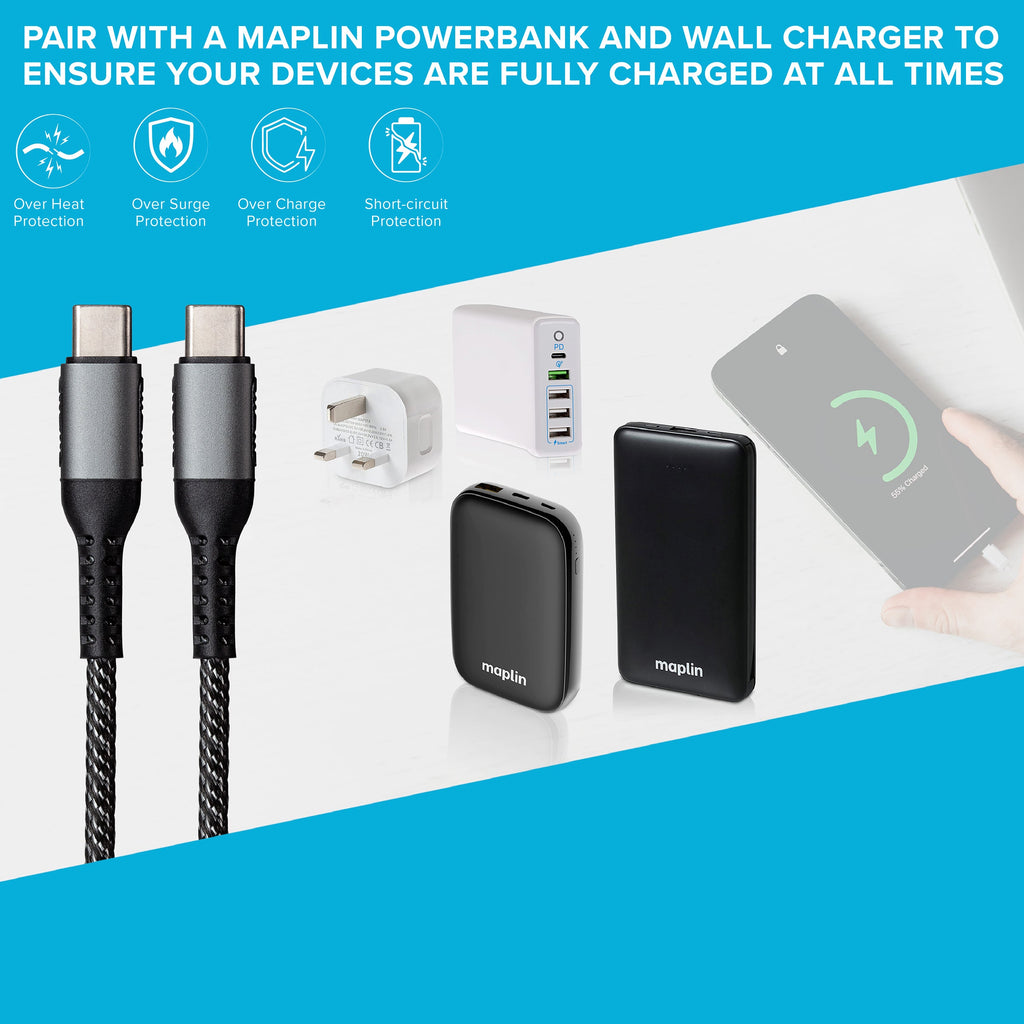 Maplin USB-C to USB-C 60W PD Braided Cable - Silver - TOYFACTORY