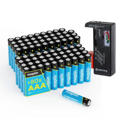 Maplin 80x AAA LR03 7 Year Shelf Life 1.5V High Performance Alkaline Batteries with Universal Battery Tester - TOYFACTORY