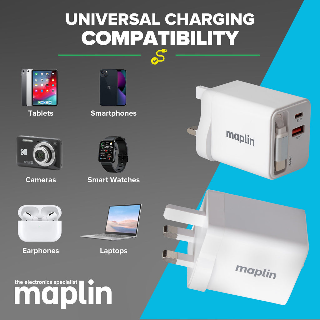 Maplin 65W 2-Port GaN Fast USB Wall Charger with USB-C PD, USB-A QC 3.0 & Retractable USB-C Cable - TOYFACTORY