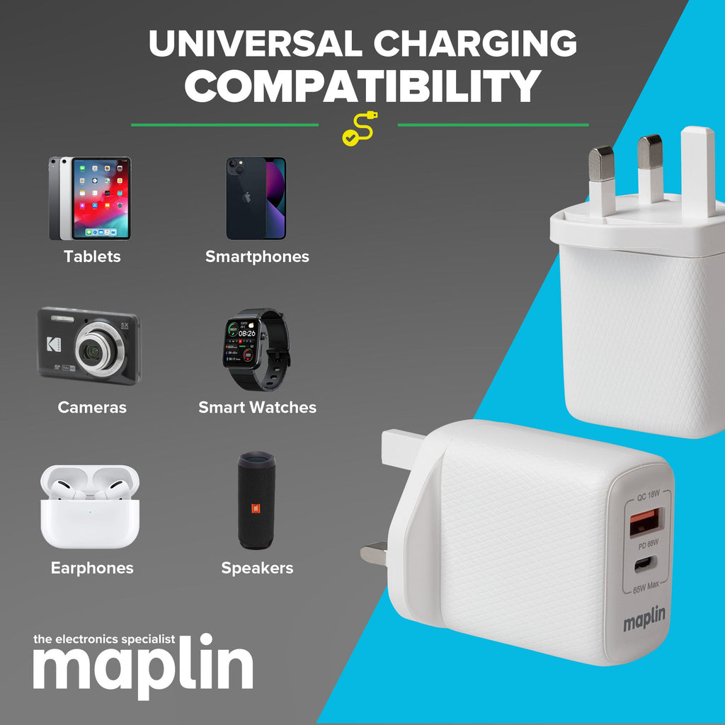 Maplin 65W 2 Port USB Wall Charger 1x USB-A 1x USB-C GaN PD - TOYFACTORY