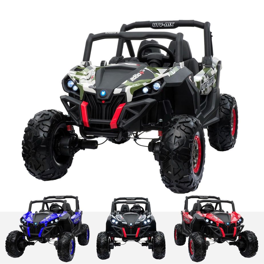 Kids ride-on electric UTV quad in red with MP4 player, 24V battery, and off-road design from Electric Ride On Cars.