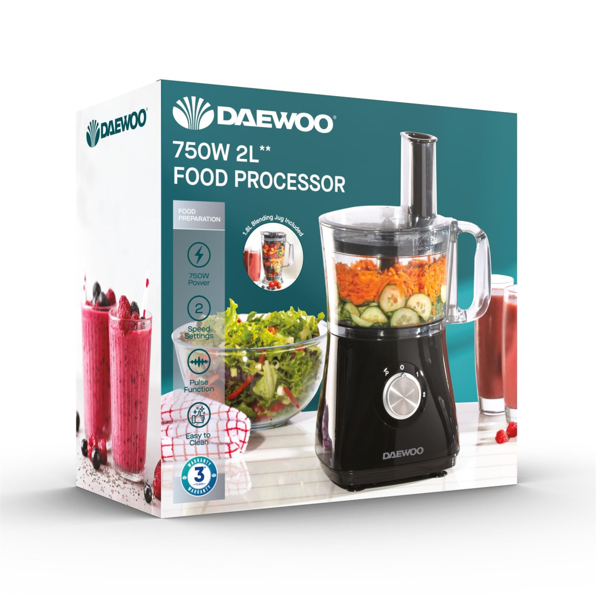 Daewoo 750W Plastic Compact Food Processor with 2L Bowl and 1.8L Blender Jug