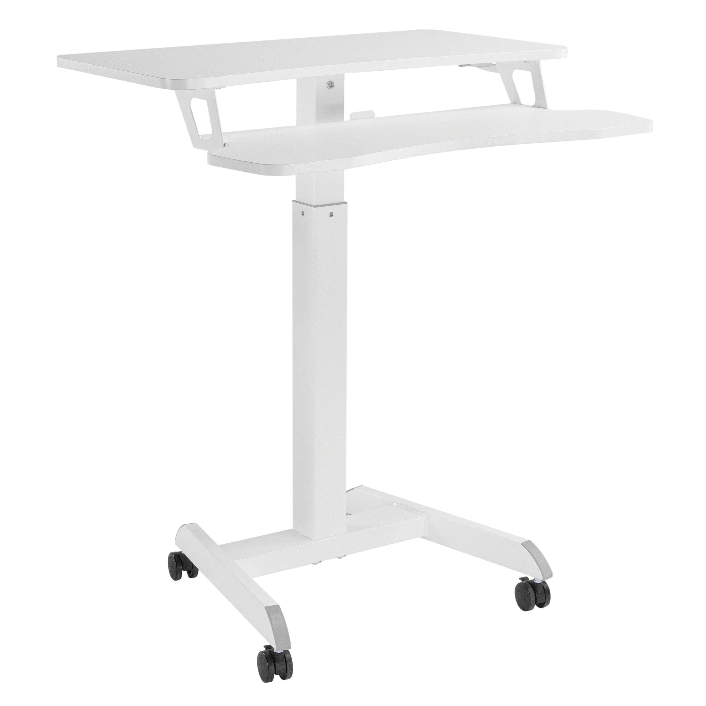ProperAV Two Tier Mobile Desk Trolley Workstation with Gas Spring Height Adjustment - White - TOYFACTORY