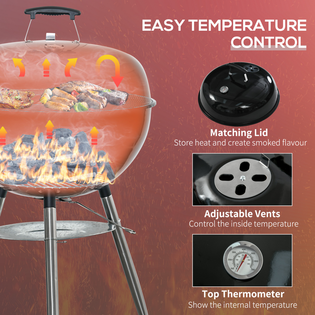Outsunny Portable Kettle Charcoal Grill BBQ Smoker w/ Cover, Lid, & Thermometer - TOYFACTORY