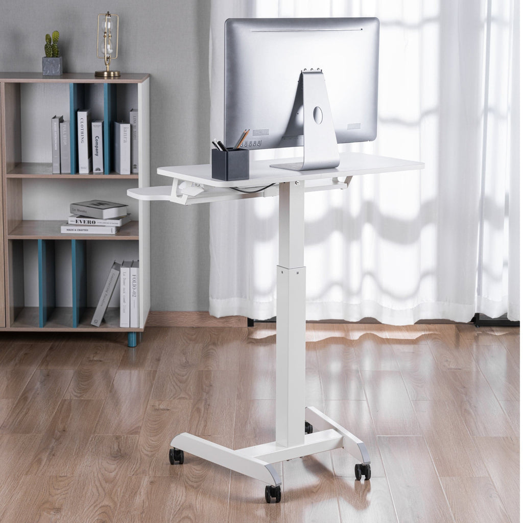 ProperAV Two Tier Mobile Desk Trolley Workstation with Gas Spring Height Adjustment - White - TOYFACTORY