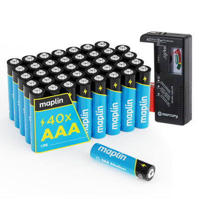 Maplin 40x AAA LR03 7 Year Shelf Life 1.5V High Performance Alkaline Batteries with Universal Battery Tester - TOYFACTORY