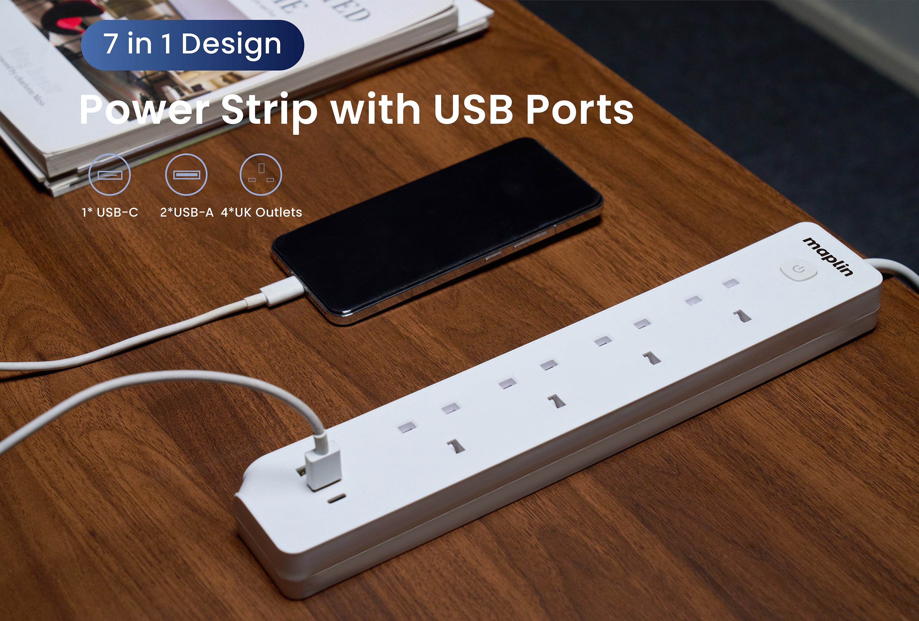 1.8m 4 Socket 13 Amp Extension Lead with 2x USB-A / 1x USB-C Ports - TOYFACTORY