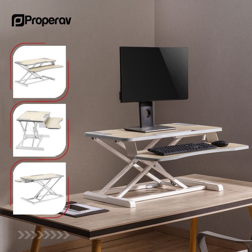 ProperAV Two Tier Stand Up Desk Converter Worktop with Gas Spring Lift & Variable Height Settings - White - TOYFACTORY
