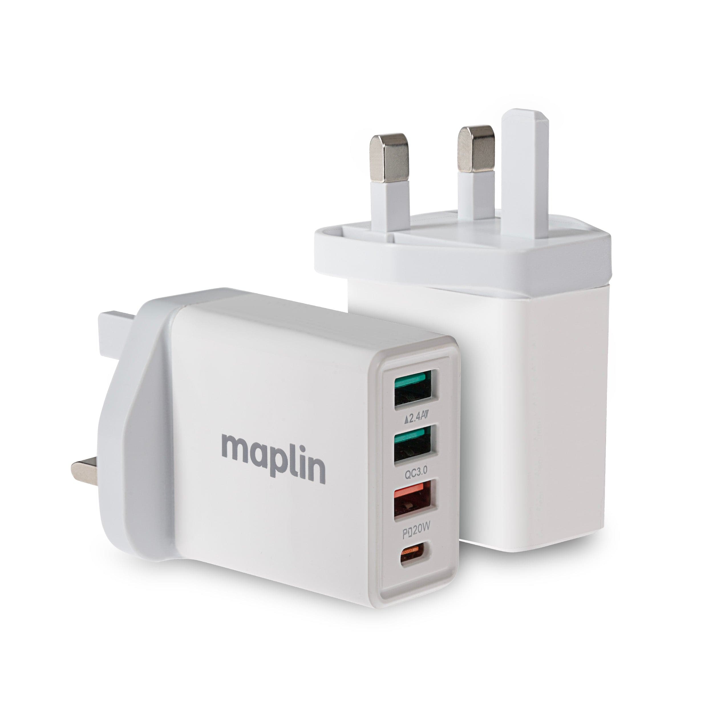 Maplin 4 Port USB Wall Charger 3x USB-A 2 1x USB-C PD QC 3.0 20W High Speed Charging - TOYFACTORY