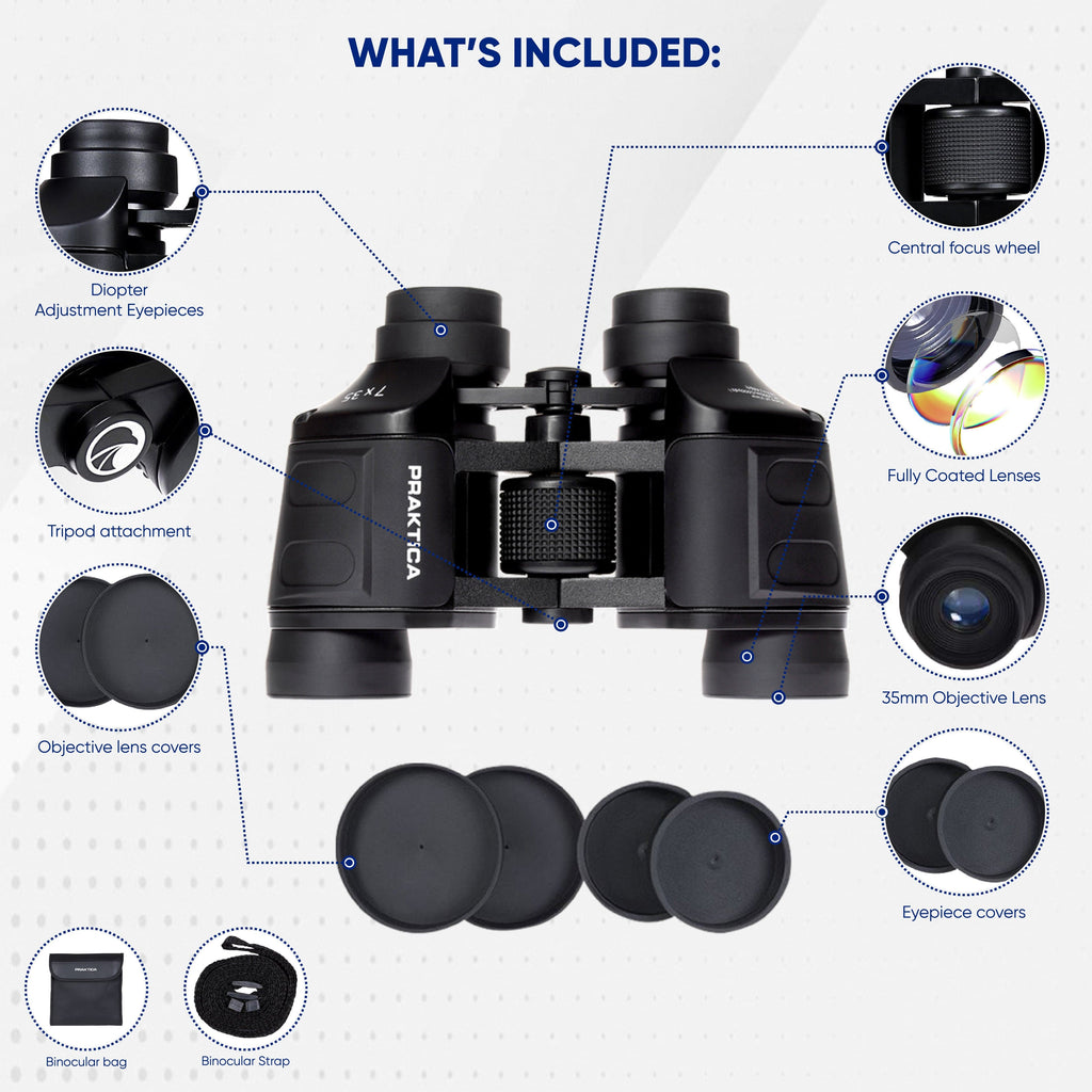 PRAKTICA Falcon 7x35mm Wide Angle Porro Prism Field Binoculars - Black - TOYFACTORY