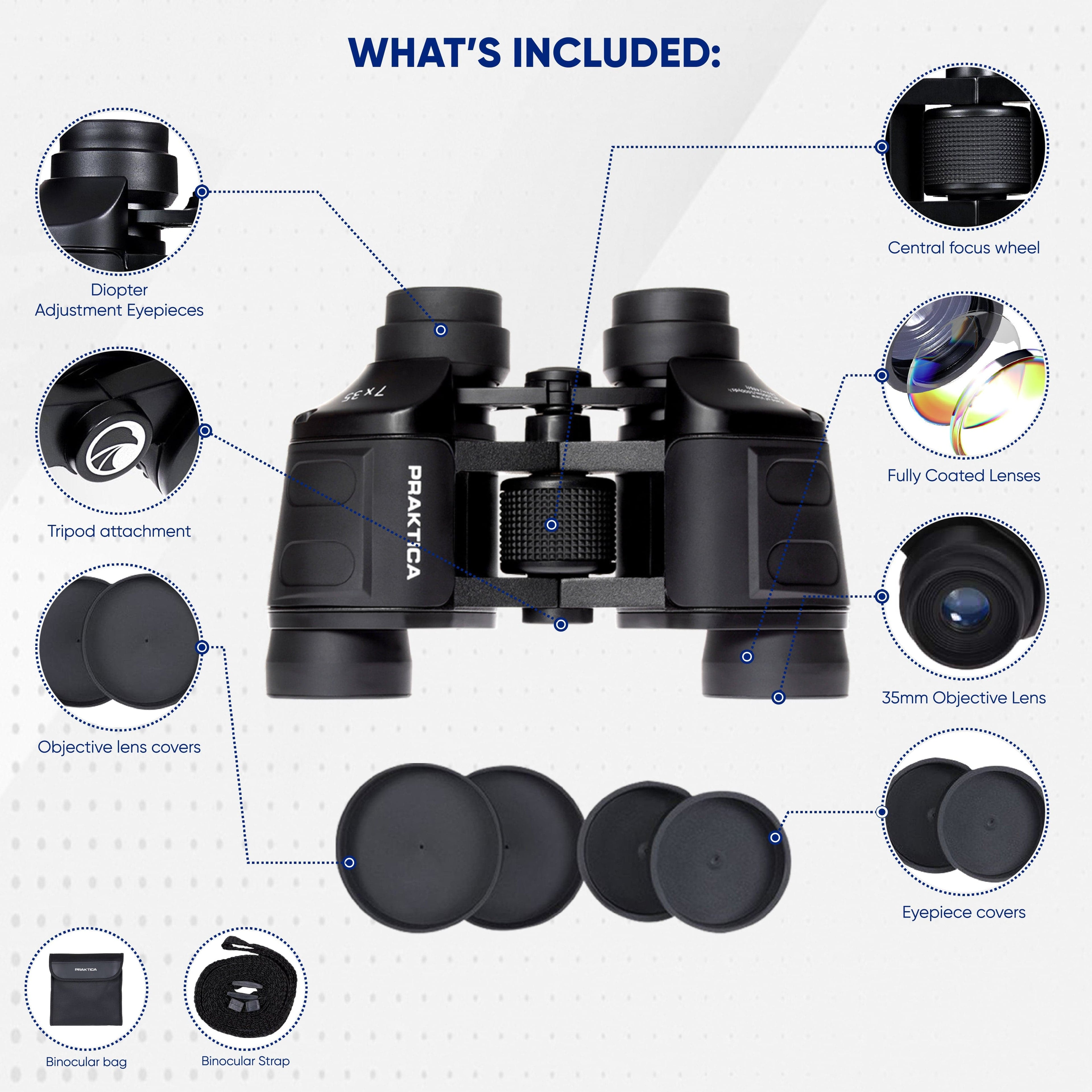 PRAKTICA Falcon 7x35mm Wide Angle Porro Prism Field Binoculars - Black - TOYFACTORY