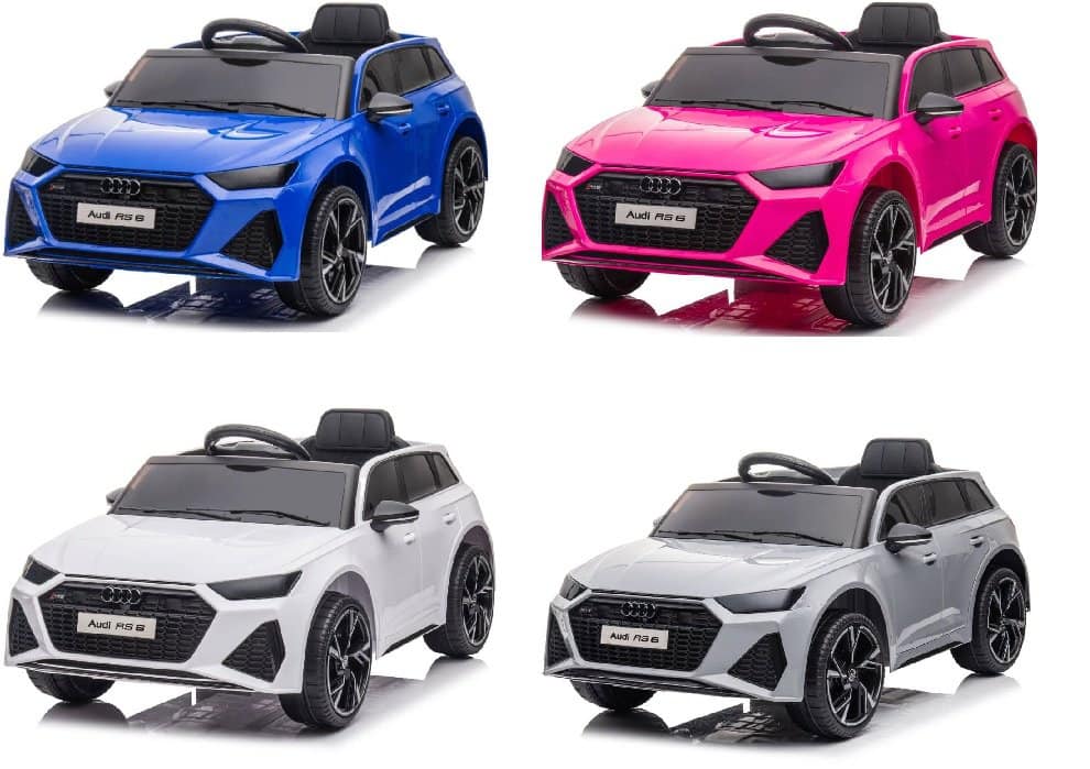 Kids riding an Audi RS6 electric ride-on sports car with MP4 TV, designed for children’s outdoor play and fun.