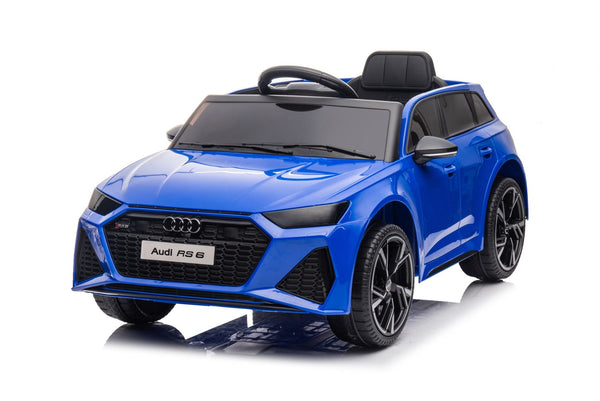 Blue Audi RS6 kids ride-on sports car with MP4 TV, electric ride-on vehicle for children, branded by Electric Ride On Cars.