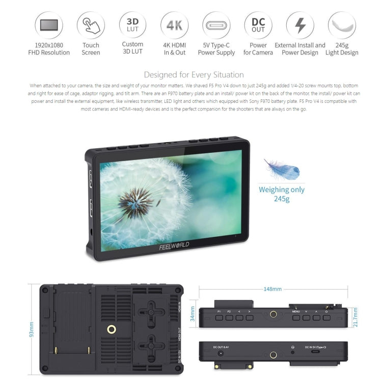 FEELWORLD F5 Pro V4 6 inch Touch Screen DSLR Camera Field Monitor 3D LUT 4K HDMI Input Output Tilt Arm - TOYFACTORY