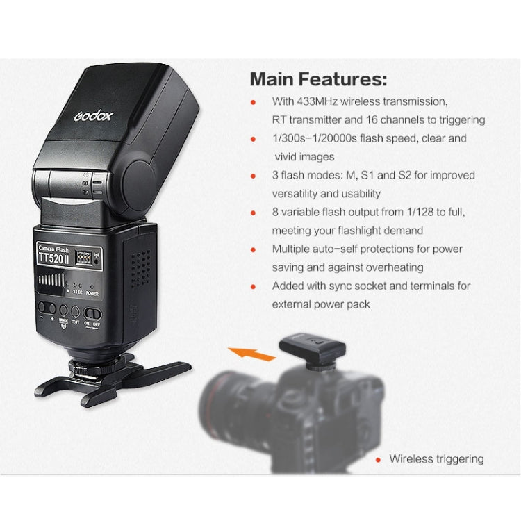 Godox TT520II 433MHZ Wireless 1/300s-1/2000s HSS Flash Speedlite Camera Top Fill Light for Canon / Nikon DSLR Cameras, TT520II - TOYFACTORY