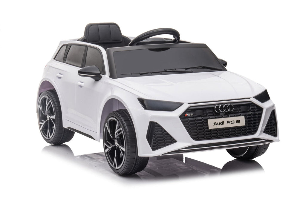 White Audi RS6 kids ride-on sports car with MP4 TV, electric ride-on vehicle for children, detailed exterior and sporty design.