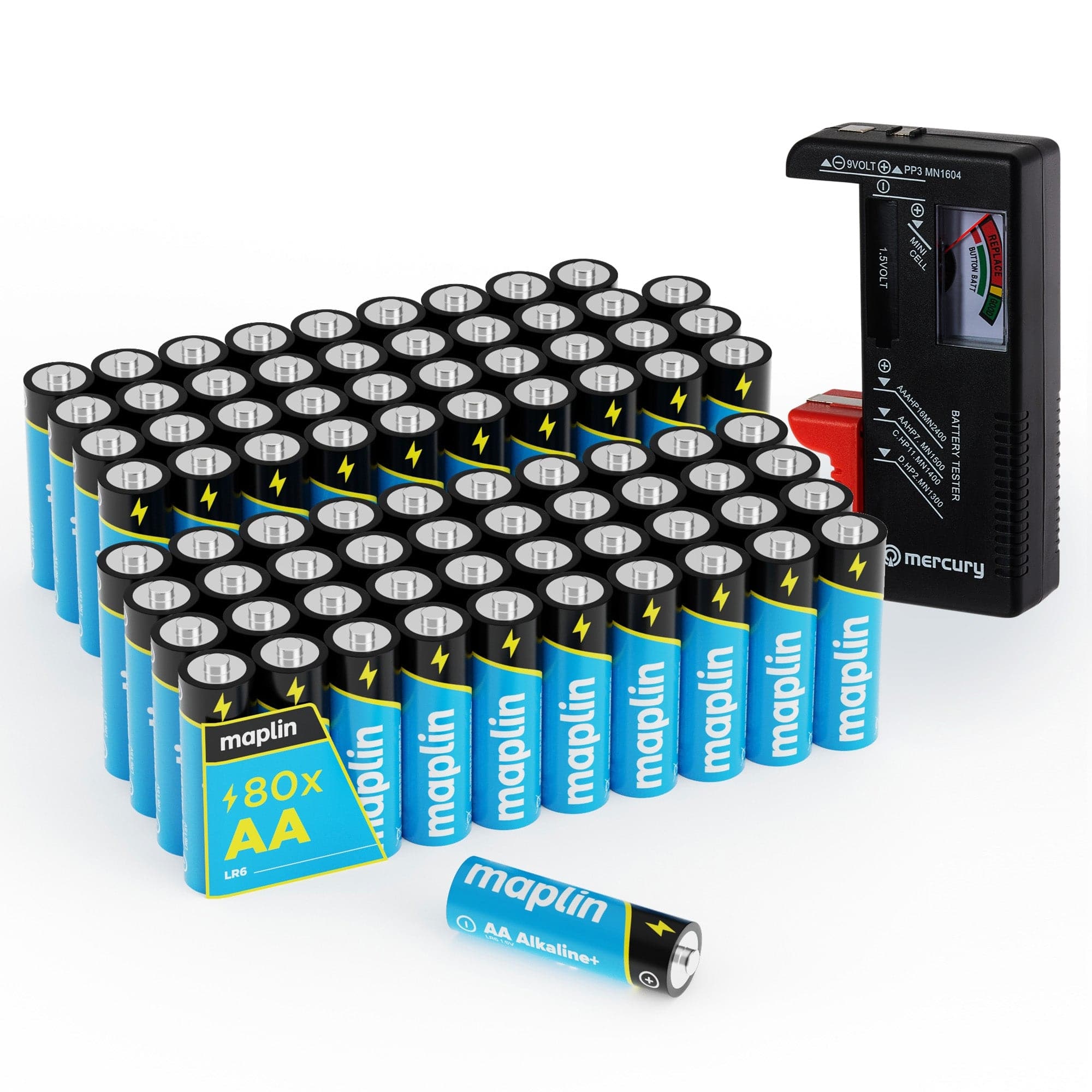 Maplin 80x AA LR6 7 Year Shelf Life 1.5V High Performance Alkaline Batteries with Universal Battery Tester - TOYFACTORY