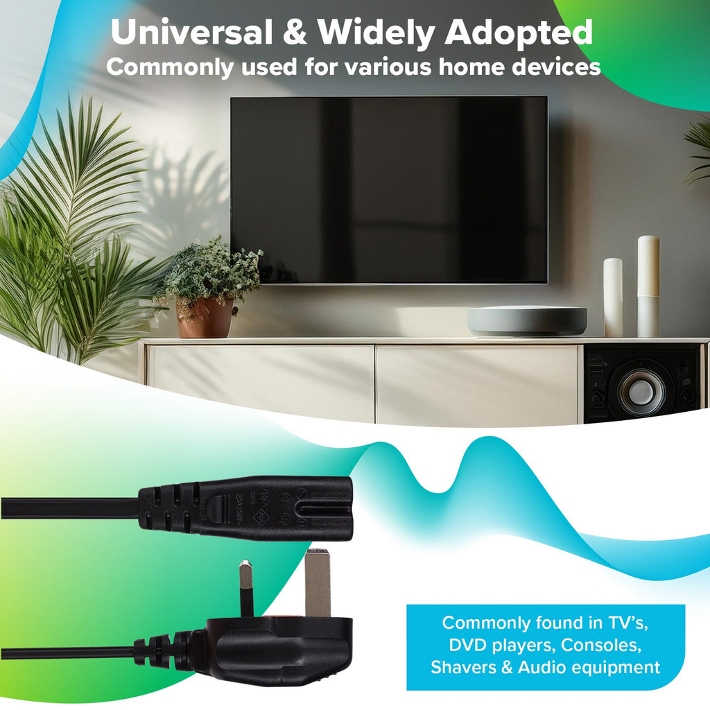 Maplin Power Lead IEC C7 Fig 8 2 Pin Plug to UK 3 Pin Mains Plug - 2m, 3 Amp Fuse - TOYFACTORY