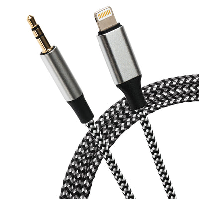 Maplin Lightning to 3.5mm Aux Stereo 3 Pole Jack Plug Braided Cable - Silver, 1m - TOYFACTORY