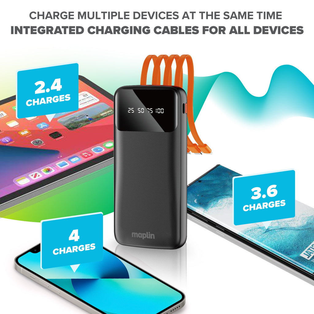 Maplin 20000mAh Portable Power Bank with Integrated USB-C, Micro USB & Lightning Cables - TOYFACTORY