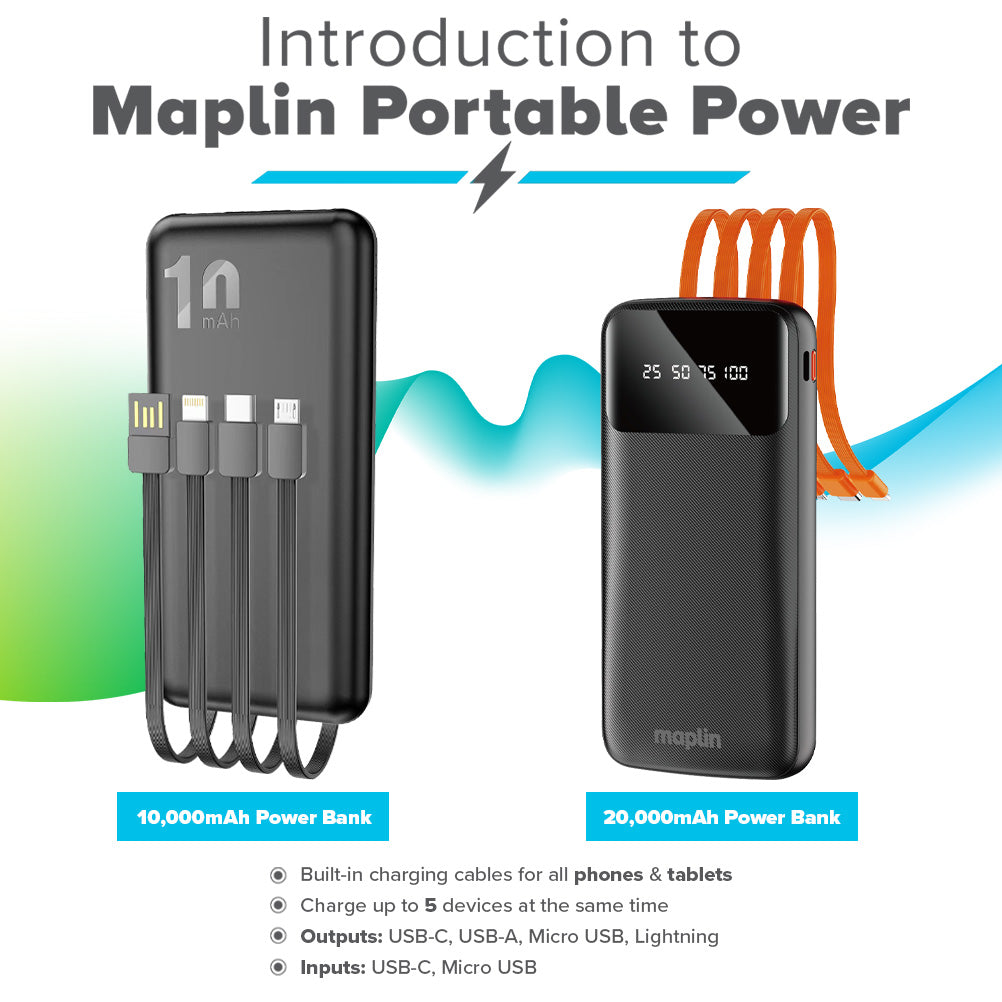 Maplin 20000mAh Portable Power Bank with Integrated USB-C, Micro USB & Lightning Cables - TOYFACTORY