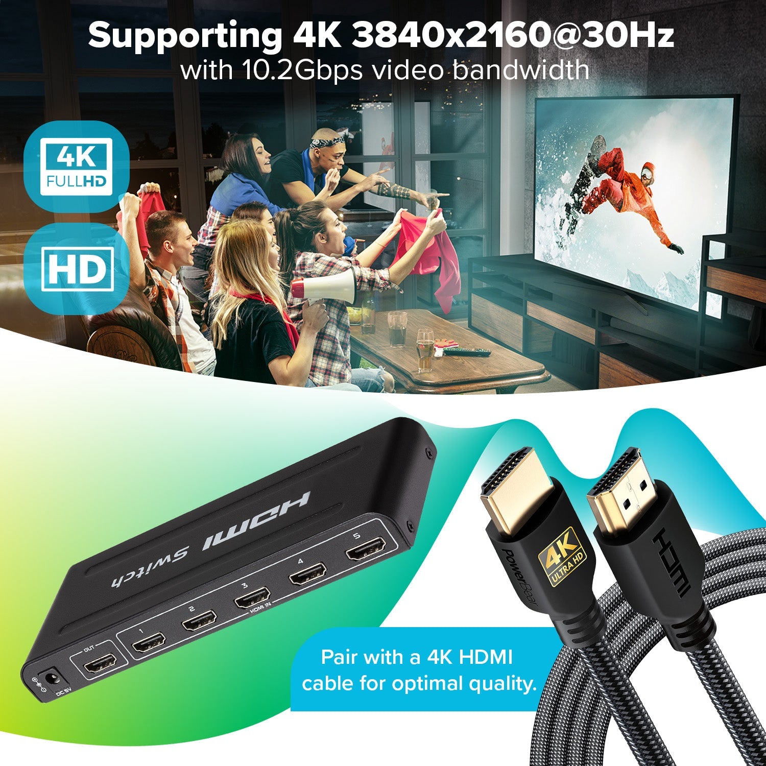 Maplin HDMI Switch 5 Ports In 1 Port Out 4K Ultra HD @30Hz with Remote Control - TOYFACTORY