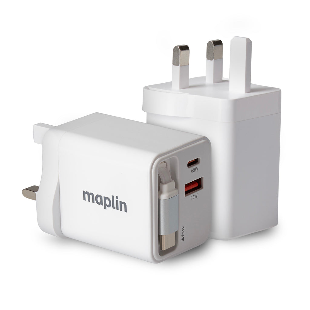Maplin 65W 2-Port GaN Fast USB Wall Charger with USB-C PD, USB-A QC 3.0 & Retractable USB-C Cable - TOYFACTORY