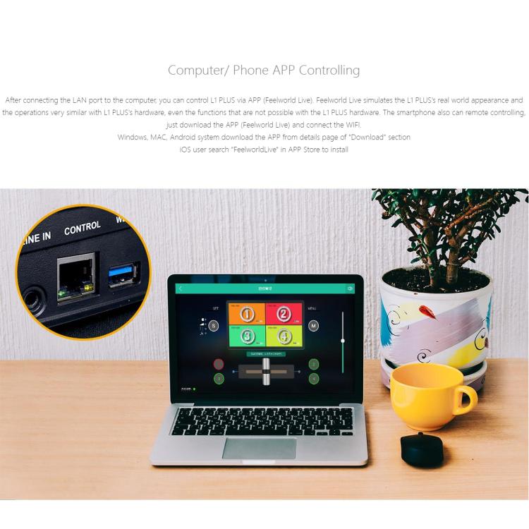 FEELWORLD L1 PLUS Multi-camera Video Mixer Switcher Touch Screen PTZ Control USB3.0 Fast Streaming Switcher (EU Plug)