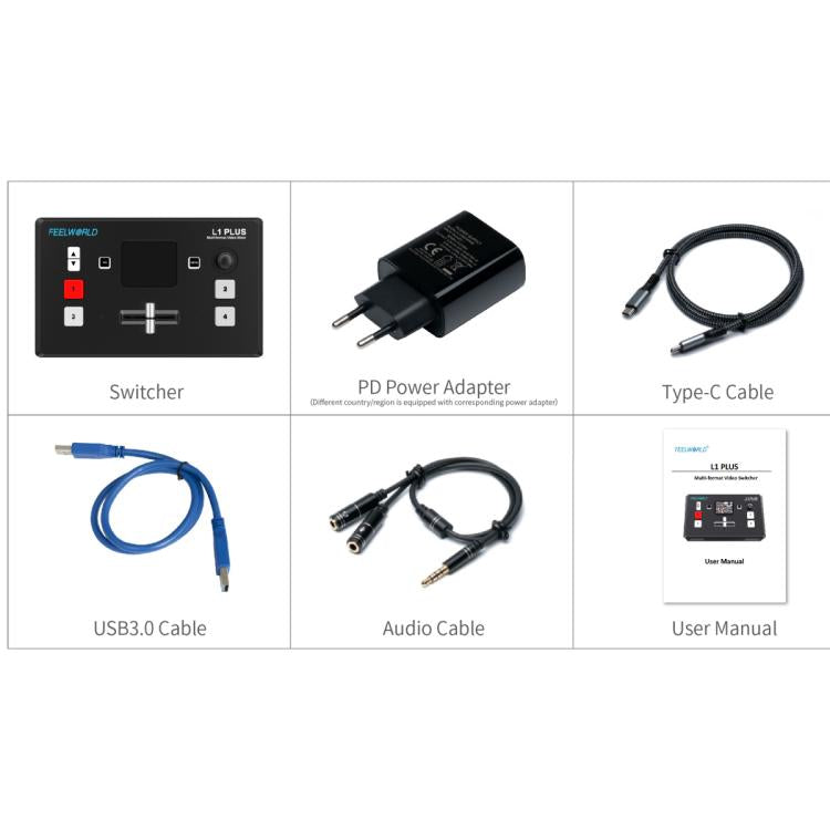 FEELWORLD L1 PLUS Multi-camera Video Mixer Switcher Touch Screen PTZ Control USB3.0 Fast Streaming Switcher (EU Plug)