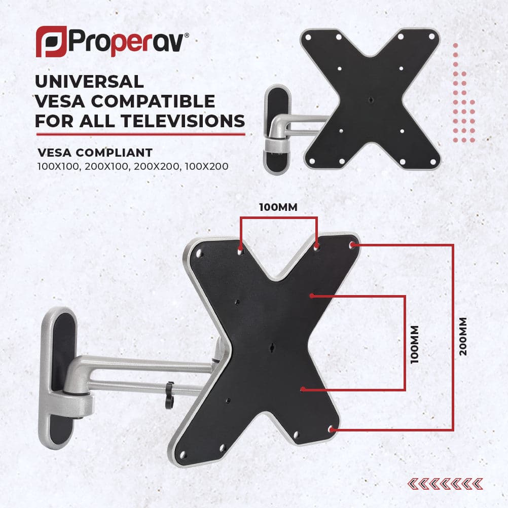 ProperAV TV Wall Bracket (23" - 43" / 15kg Capacity / VESA Max. 200x200) - Grey