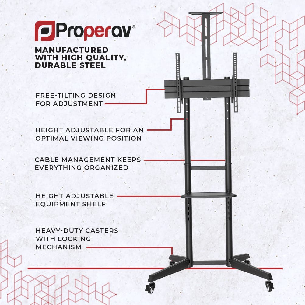 ProperAV Mobile TV Trolley Stand on Wheels for 37" - 70" Screens (50kg Capacity / VESA Max. 400x600) - TOYFACTORY