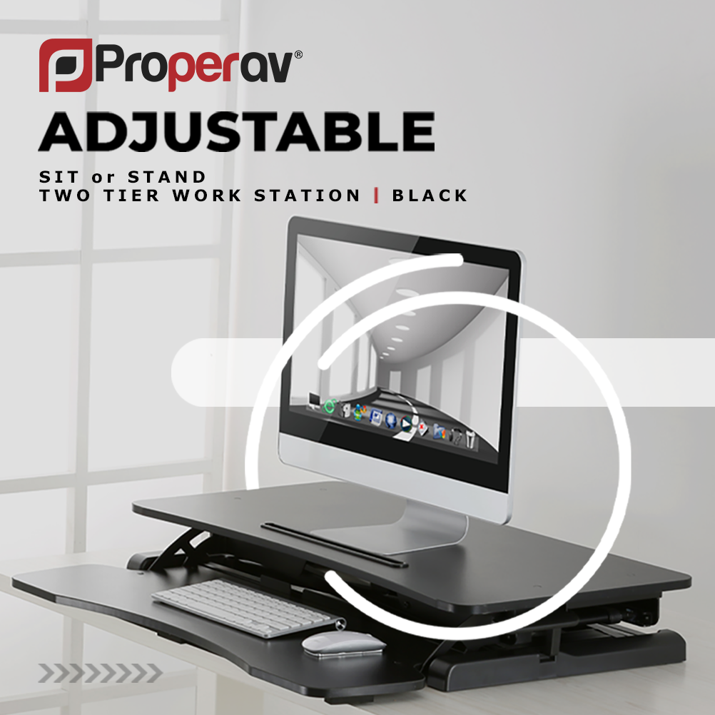 ProperAV Two Tier Worktop Stand Up Desk Converter with Gas Spring Lift & Variable Height Settings - Black - TOYFACTORY