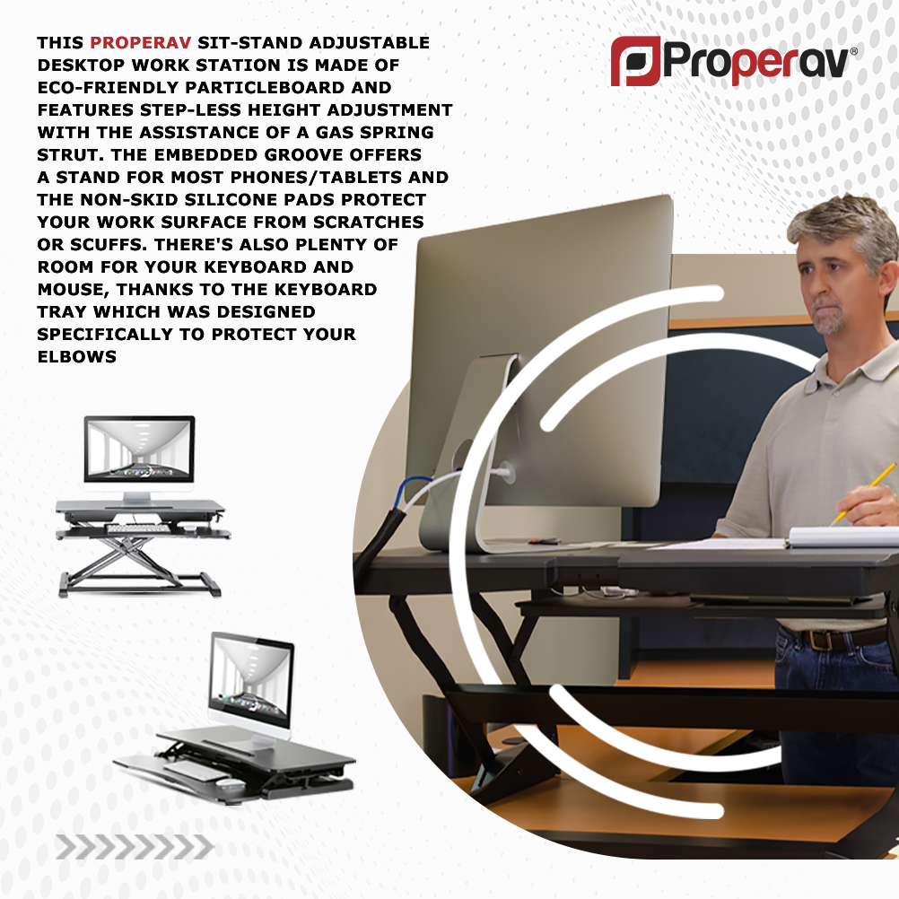 ProperAV Two Tier Worktop Stand Up Desk Converter with Gas Spring Lift & Variable Height Settings - Black - TOYFACTORY