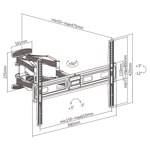 ProperAV TV Wall Bracket (37" - 75" / 45kg Capacity / VESA Max. 600x400) - Black - TOYFACTORY