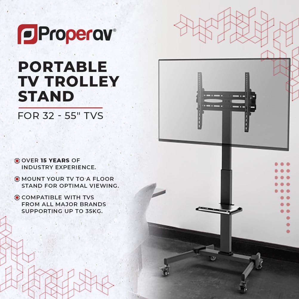 ProperAV Mobile TV Trolley Stand on Wheels for 32" - 55" Screens (35kg Capacity / VESA Max. 400x400) - TOYFACTORY