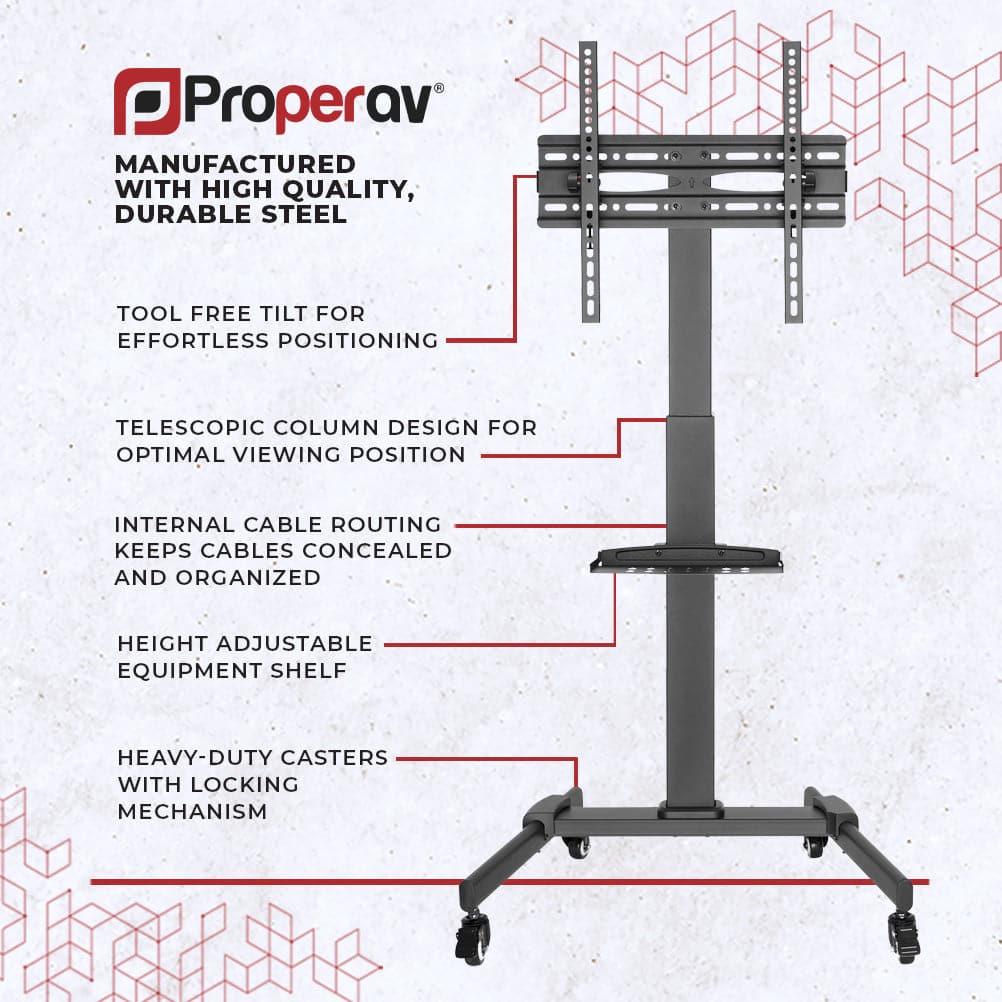 ProperAV Mobile TV Trolley Stand on Wheels for 32" - 55" Screens (35kg Capacity / VESA Max. 400x400) - TOYFACTORY