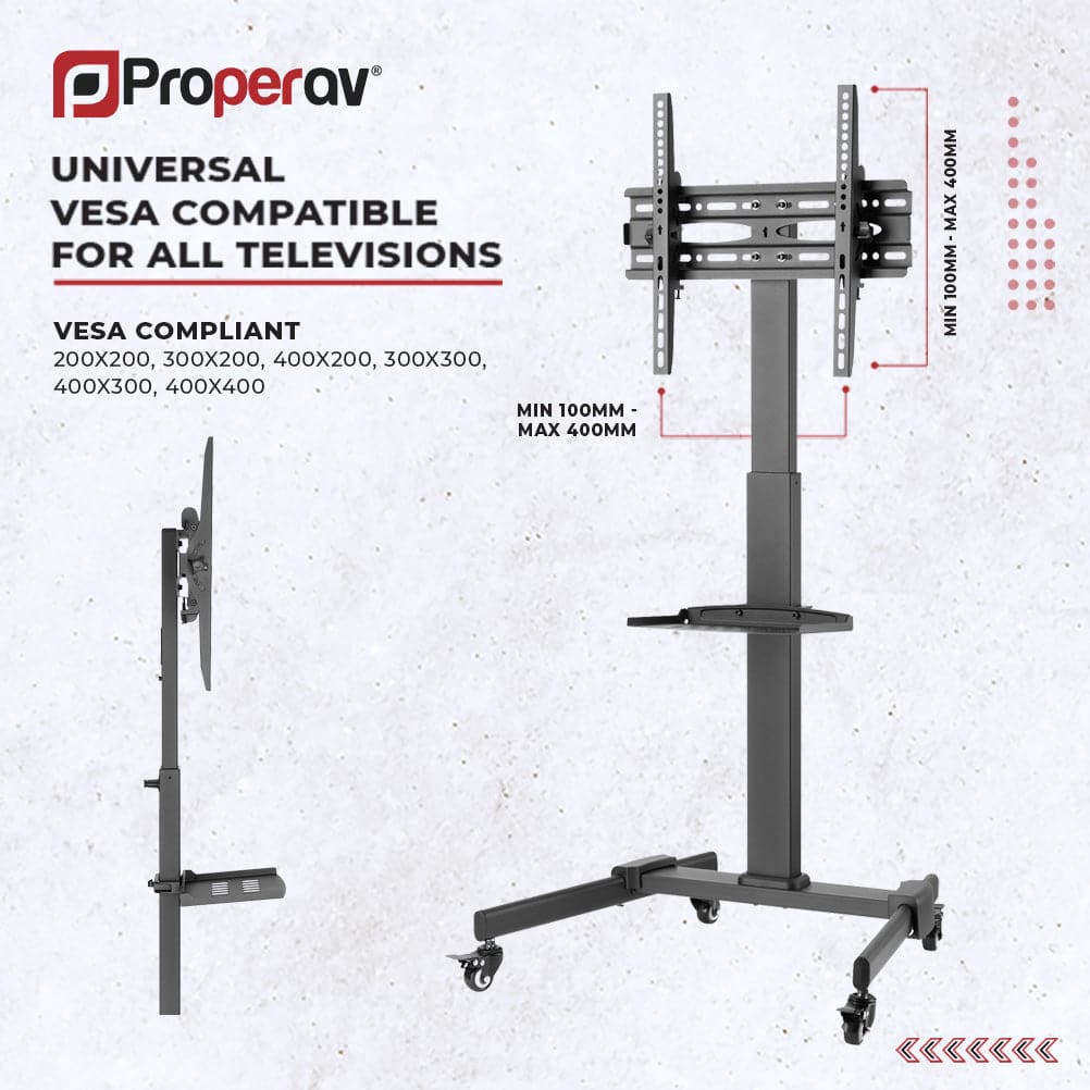 ProperAV Mobile TV Trolley Stand on Wheels for 32" - 55" Screens (35kg Capacity / VESA Max. 400x400) - TOYFACTORY