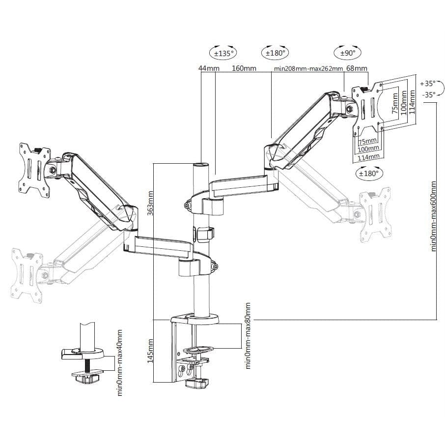 ProperAV Desk Monitor Mount 17" - 32" Extra Height Dual Articulated Swing Arm VESA Max 100x100 - TOYFACTORY