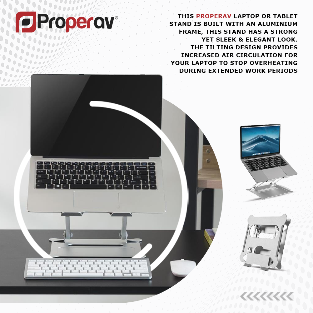 ProperAV Aluminium Construction Fully Adjustable Laptop or Tablet Stand - Silver - TOYFACTORY