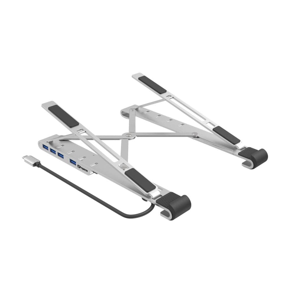 ProperAV Aluminium Portable Laptop or Tablet Stand with Built-in 100W USB-C Hub / 4 x USB-A Ports - Silver - TOYFACTORY
