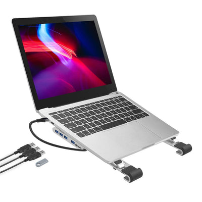 ProperAV Aluminium Portable Laptop or Tablet Stand with Built-in 100W USB-C Hub / 4 x USB-A Ports - Silver - TOYFACTORY