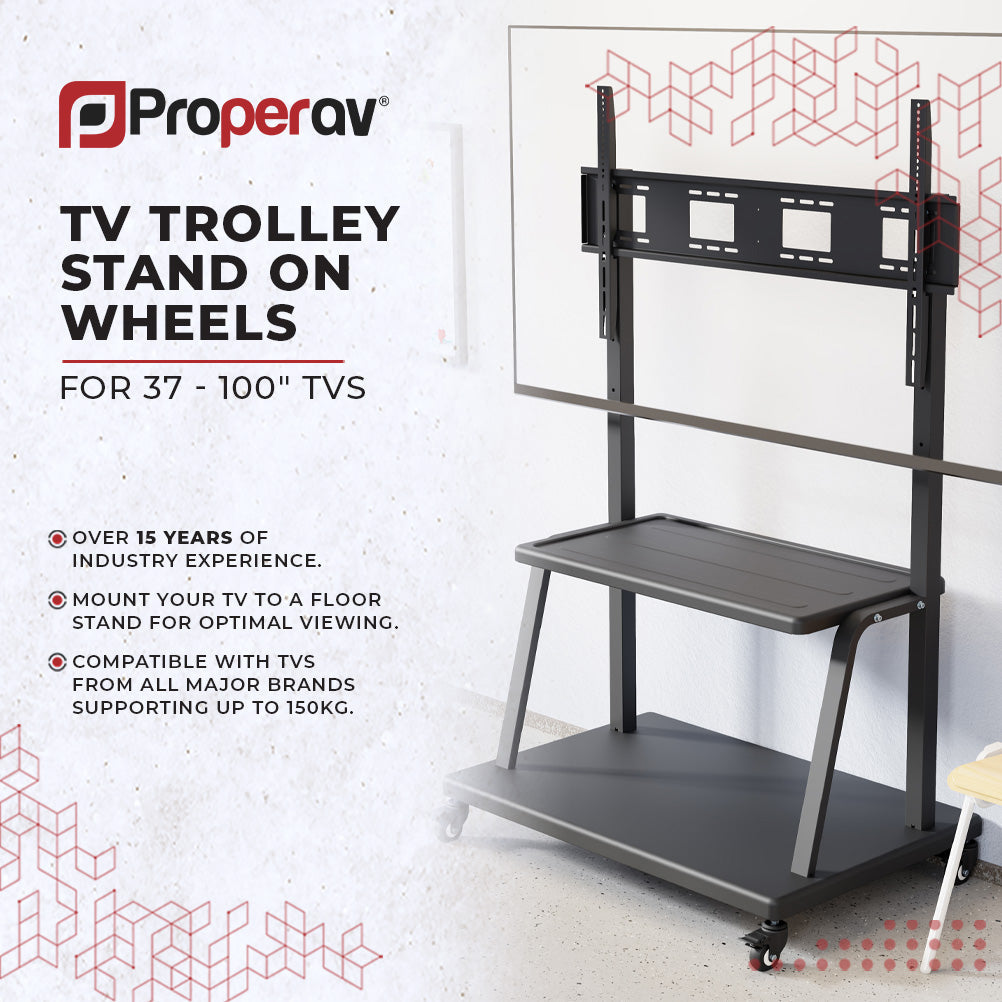 ProperAV Mobile TV Trolley Stand on Wheels for 37" - 100" Screens (150kg Capacity / VESA Max. 800x600)