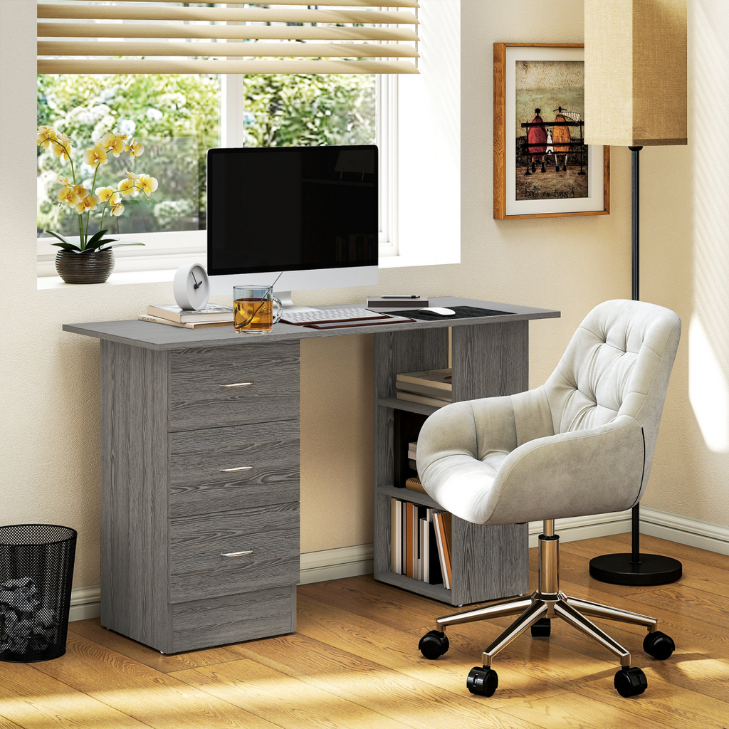 HOMCOM 120cm Computer Desk, Study Table with 3 Shelf & Drawers, Grey - TOYFACTORY