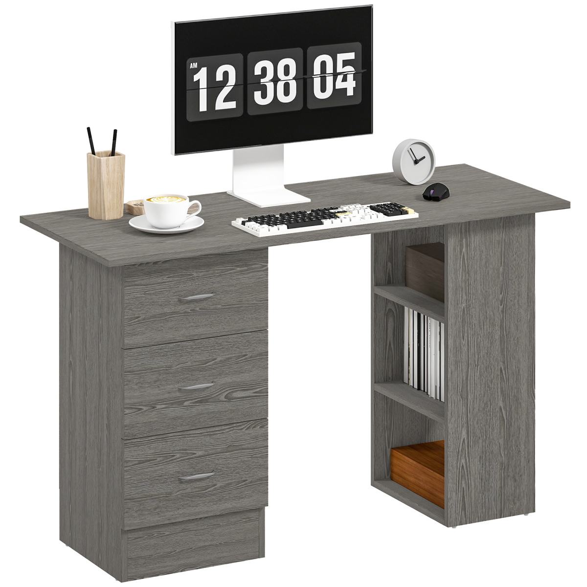 HOMCOM 120cm Computer Desk, Study Table with 3 Shelf & Drawers, Grey - TOYFACTORY