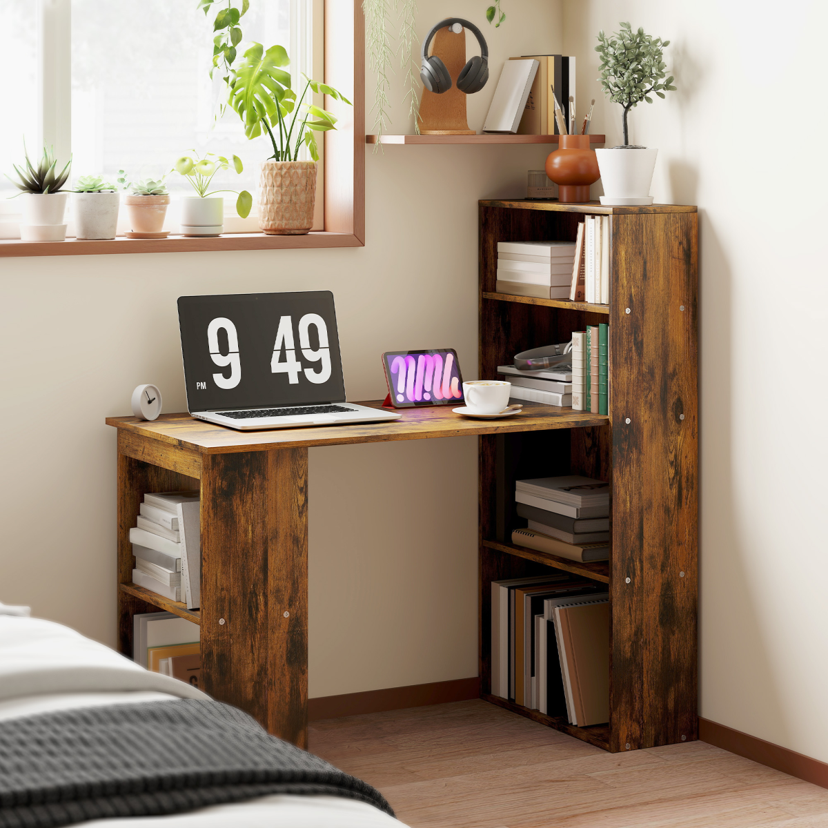 HOMCOM 120cm Computer Desk Bookshelf Writing Table 6 Shelves Brown