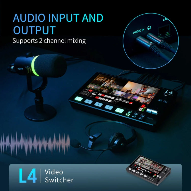 FEELWORLD L4 Multi-Camera Video Mixer Switcher 10.1" Touch Screen USB 3.0 Fast Streaming(UK Plug)