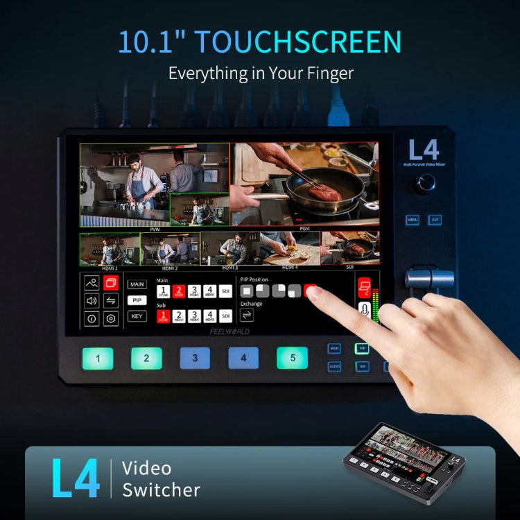FEELWORLD L4 Multi-Camera Video Mixer Switcher 10.1" Touch Screen USB 3.0 Fast Streaming(EU Plug)